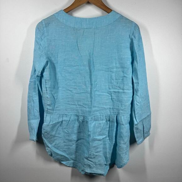 Cynthia Rowley Top Women XS Blue 100% Linen Beach Coastal Spring V Neck Blouse - Picture 2 of 5